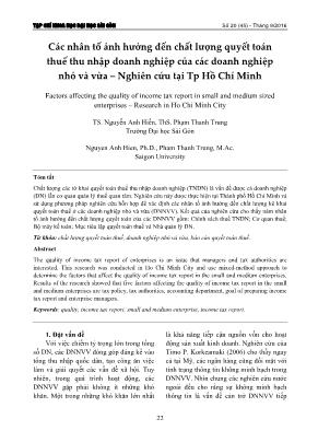 Các nhân tố ảnh hưởng đến chất lượng quyết toán thuế thu nhập doanh nghiệp của các doanh nghiệp nhỏ và vừa – Nghiên cứu tại Tp Hồ Chí Minh