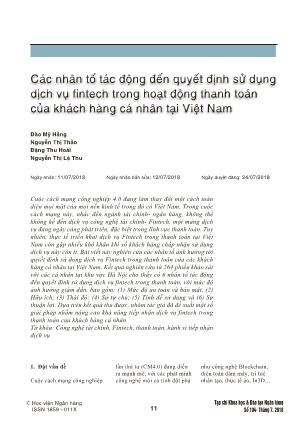 Các nhân tố tác động đến quyết định sử dụng dịch vụ fintech trong hoạt động thanh toán của khách hàng cá nhân tại Việt Nam