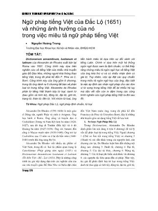 Ngữ pháp tiếng Việt của Đắc Lộ (1651) và những ảnh hưởng của nó trong việc miêu tả ngữ pháp tiếng Việt