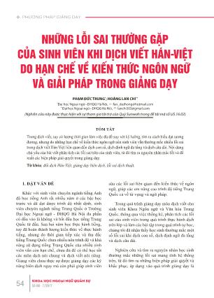 Những lỗi sai thường gặp của sinh viên khi dịch viết Hán - Việt do hạn chế về kiến thức ngôn ngữ và giải pháp trong giảng dạy