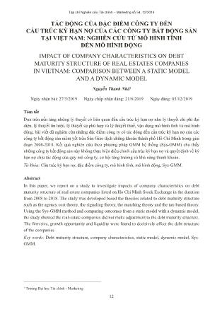 Tác động của đặc điểm công ty đến cấu trúc kỳ hạn nợ của các công ty bất động sản tại Việt Nam: Nghiên cứu từ mô hình tĩnh đến mô hình động