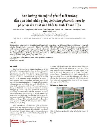 Ảnh hưởng của một số yếu tố môi trường đến quá trình nhân giống Spirulina platensis nước lợ phục vụ sản xuất sinh khối tại tỉnh Thanh Hóa