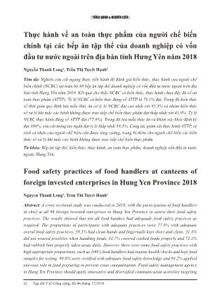 Thực hành về an toàn thực phẩm của người chế biến chính tại các bếp ăn tập thể của doanh nghiệp có vốn đầu tư nước ngoài trên địa bàn tỉnh Hưng Yên năm 2018