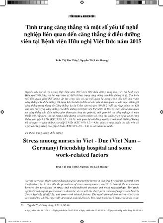 Tình trạng căng thẳng và một số yếu tố nghề nghiệp liên quan đến căng thẳng ở điều dưỡng viên tại Bệnh viện Hữu nghị Việt Đức năm 2015