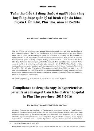 Tuân thủ điều trị dùng thuốc ở người bệnh tăng huyết áp được quản lý tại bệnh viện đa khoa huyện Cẩm Khê, Phú Thọ, năm 2015-2016