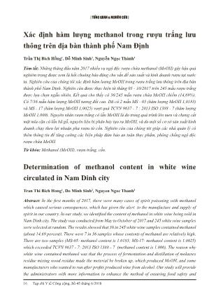 Xác định hàm lượng methanol trong rượu trắng lưu thông trên địa bàn thành phố Nam Định