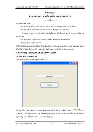 Bài giảng Hướng dẫn lập trình VB.NET - Chương 3: Làm việc với các điều khiển trên Toolbox - Phạm Đức Lập
