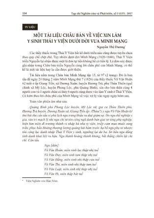 Một tài liệu châu bản về việc xin làm y sinh Thái Y Viện dưới đời vua Minh Mạng