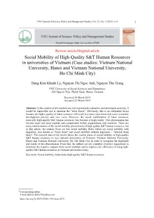Social Mobility of High-Quality S&T Human Resources in universities of Vietnam (Case studies: Vietnam National University, Hanoi and Vietnam National University, Ho Chi Minh City)